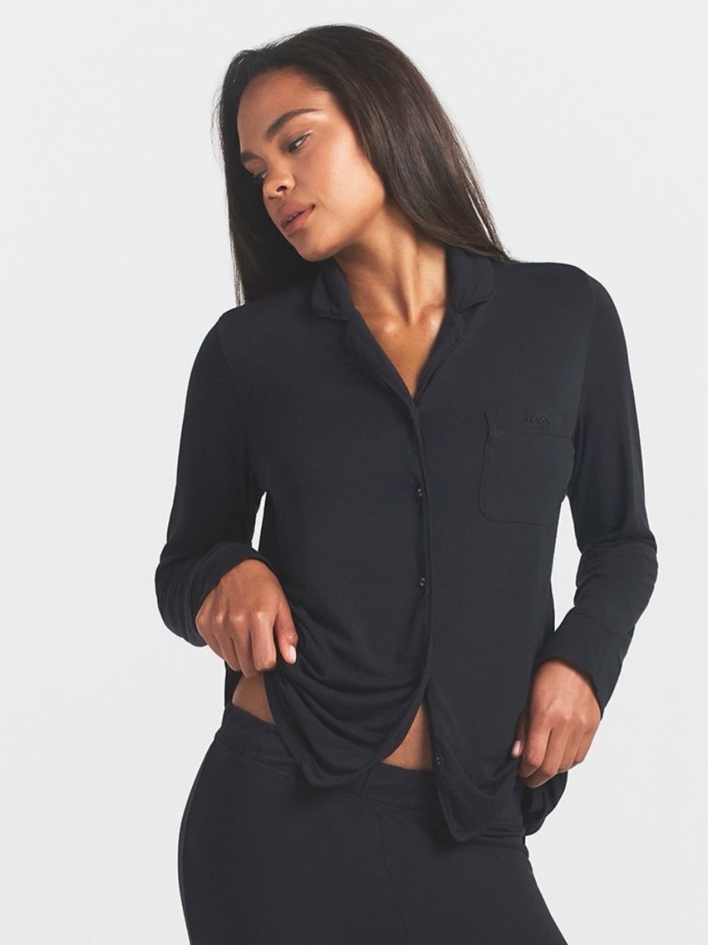 SKIMS Sleep Long Sleeve Button Up Top Black Pajama Shirt Size Large Loungewear